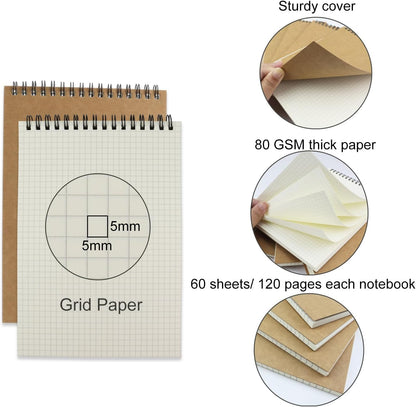 4 Pack Graph Paper Notebook, A5 Top Wirebound Grid Spiral Notebook 5.8" x 8.3",60 Sheets,5mm x 5mm Grid Paper,Grid Notepad for Students, Math, Engineering (4 Colors)