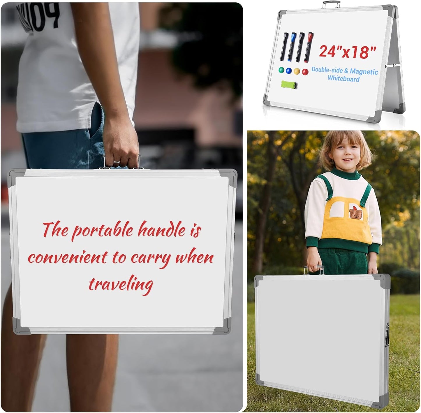 White Board Dry Erase 24" x 18", Magnetic Portable Foldable Whiteboard Double Sided Desktop Dry Erase Board Easel on Table Top with Holder for Classroom, Office, Homeschooling, School Supplies