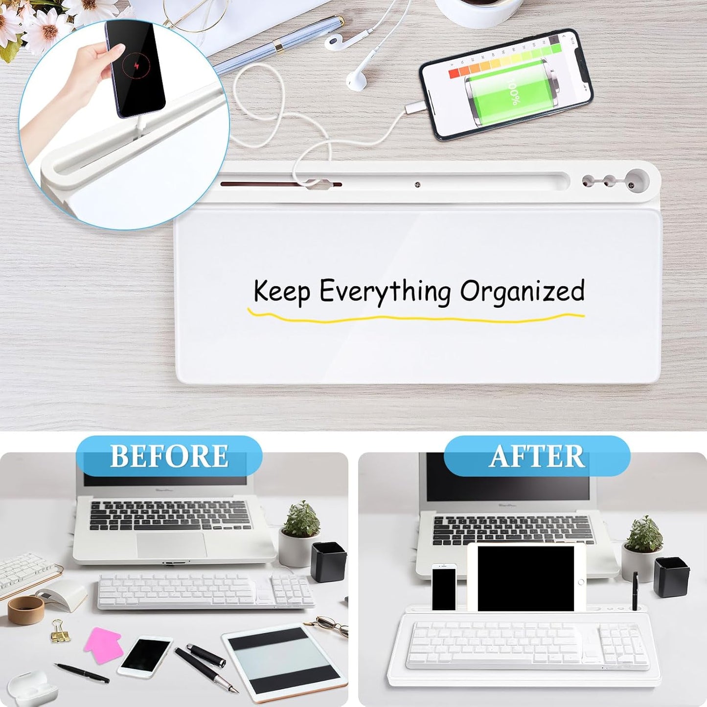 DOLLAR BOSS Glass Desk Whiteboard with Storage, All White & Monitor Memo Boards for Computers 2PCS