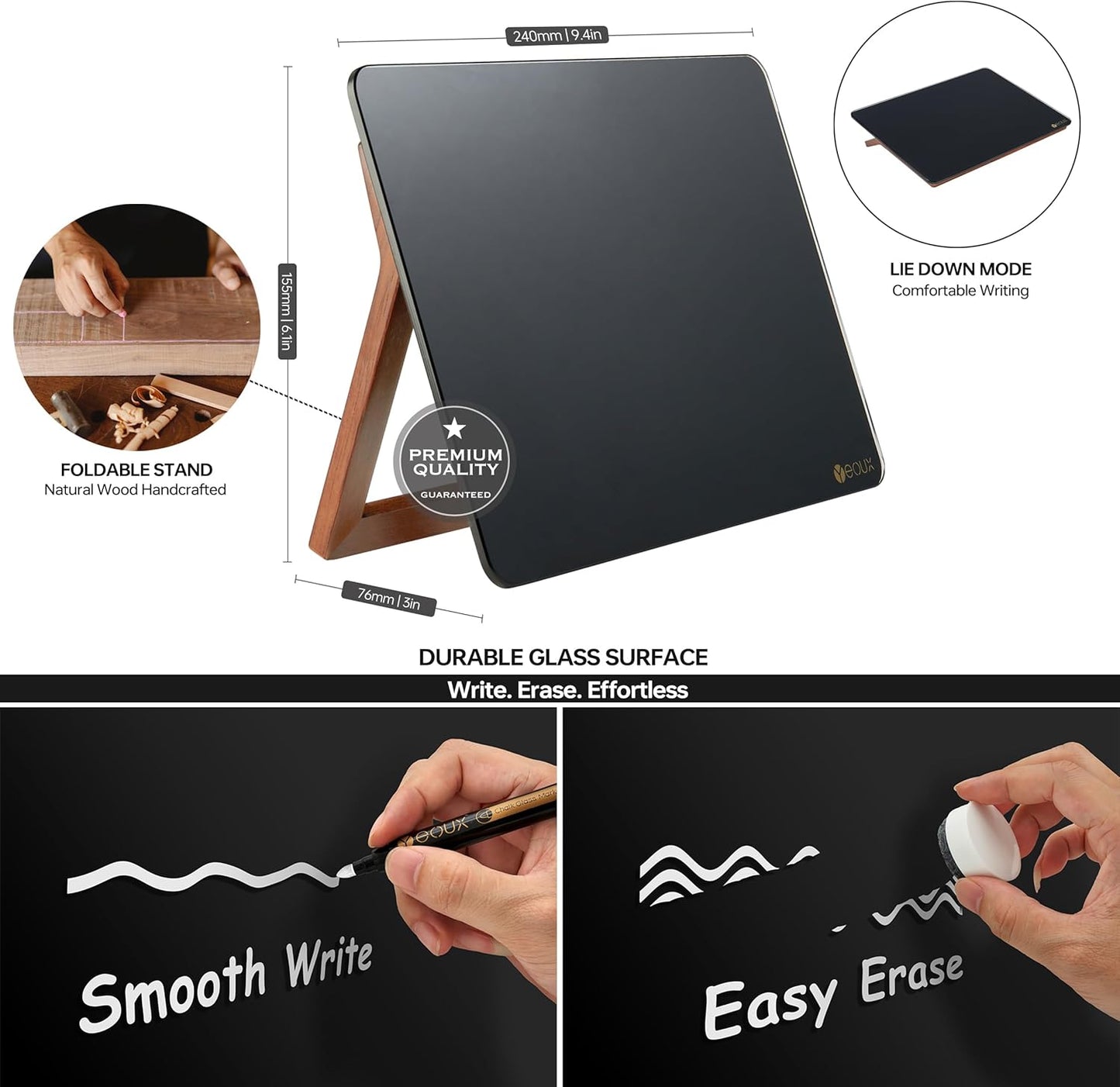 YEOUX Glass Desk Whiteboard with Reversible Wood Stand, Desktop Small White Board, Reusable Mini Dry Erase Board 6.7"x9.5" for Office, Home, School, Marker&Eraser Included