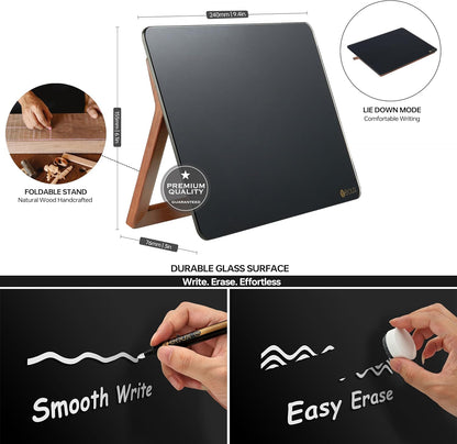 YEOUX Glass Desk Whiteboard with Reversible Wood Stand, Desktop Small White Board, Reusable Mini Dry Erase Board 6.7"x9.5" for Office, Home, School, Marker&Eraser Included