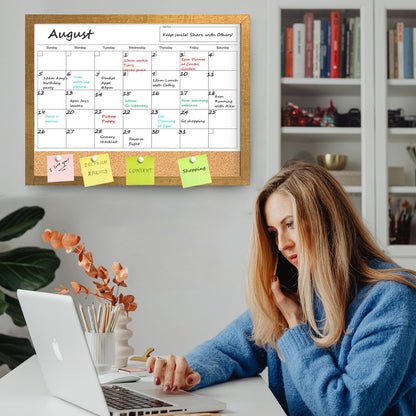 Calendar Whiteboard for Wall, TANKEE 17x13 Inches Whiteboard Calendar Cork Board Combo, Small Magnetic White Board with Wood Framed, Hanging Dry Erase Board for Kitchen Home Office School Planner