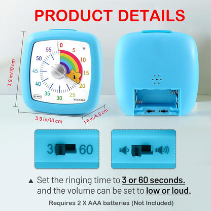 Secura 60-Minute Visual Timer, Silent Study Timer for Kids and Adults, Time Clocks, Time Management Countdown Timer for Teaching (Black & Cloud)