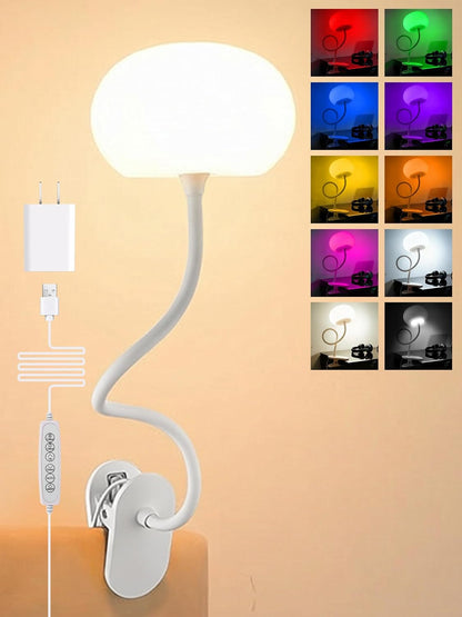 Clip on Light,10 RGB Colors+10 Brightness Clip on Lamp, College Dorm Lighting Reading Light for Bed, Desk Lamp with Clamp & USB Adapter for Headboard/Bedside/Desk/Nursery/Kids Room