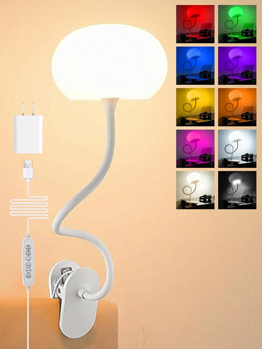 Clip on Light,10 RGB Colors+10 Brightness Clip on Lamp, College Dorm Lighting Reading Light for Bed, Desk Lamp with Clamp & USB Adapter for Headboard/Bedside/Desk/Nursery/Kids Room
