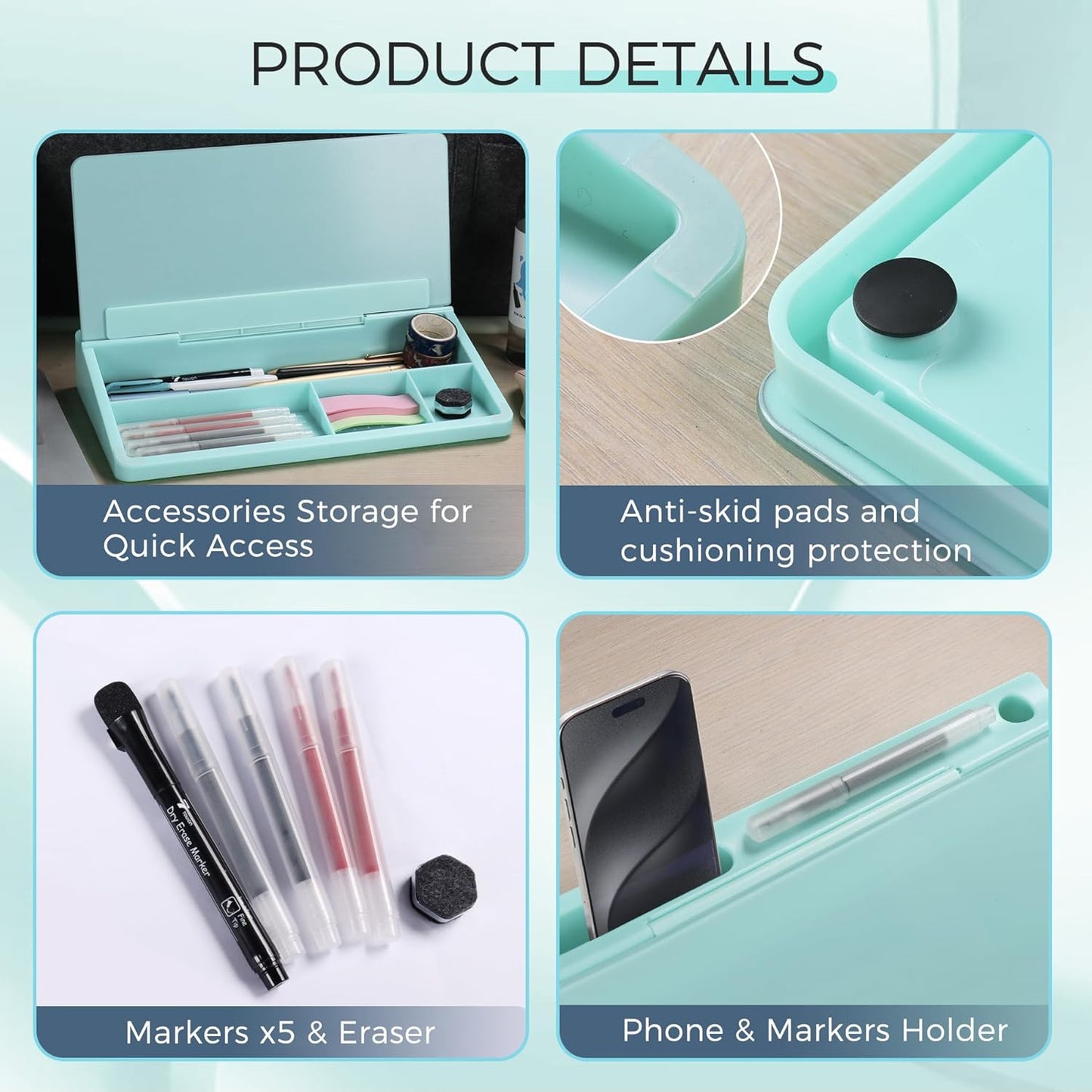TOWON Small Compact Glass Desktop Whiteboard with Storage – 12 x 7 in Dry Erase Board for Desk, Home Office, School | Includes 5 Markers, Eraser & Holder | Space-Saving Organizer, Aesthetic Rose Gold