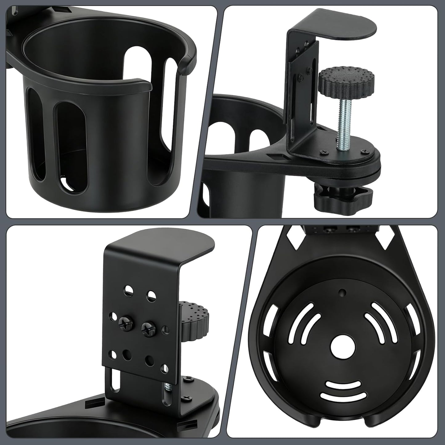 MYITYARD Desk Cup Holder Clamp, Anti-Spill Clip On Table Cup Holder, Rotatable Water Bottle Stand Drink Coffee Mug Storage, Office Accessories for Home and School (Black)