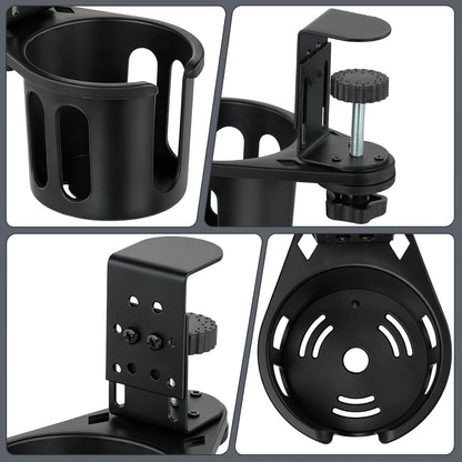 MYITYARD Desk Cup Holder Clamp, Anti-Spill Clip On Table Cup Holder, Rotatable Water Bottle Stand Drink Coffee Mug Storage, Office Accessories for Home and School (Black)