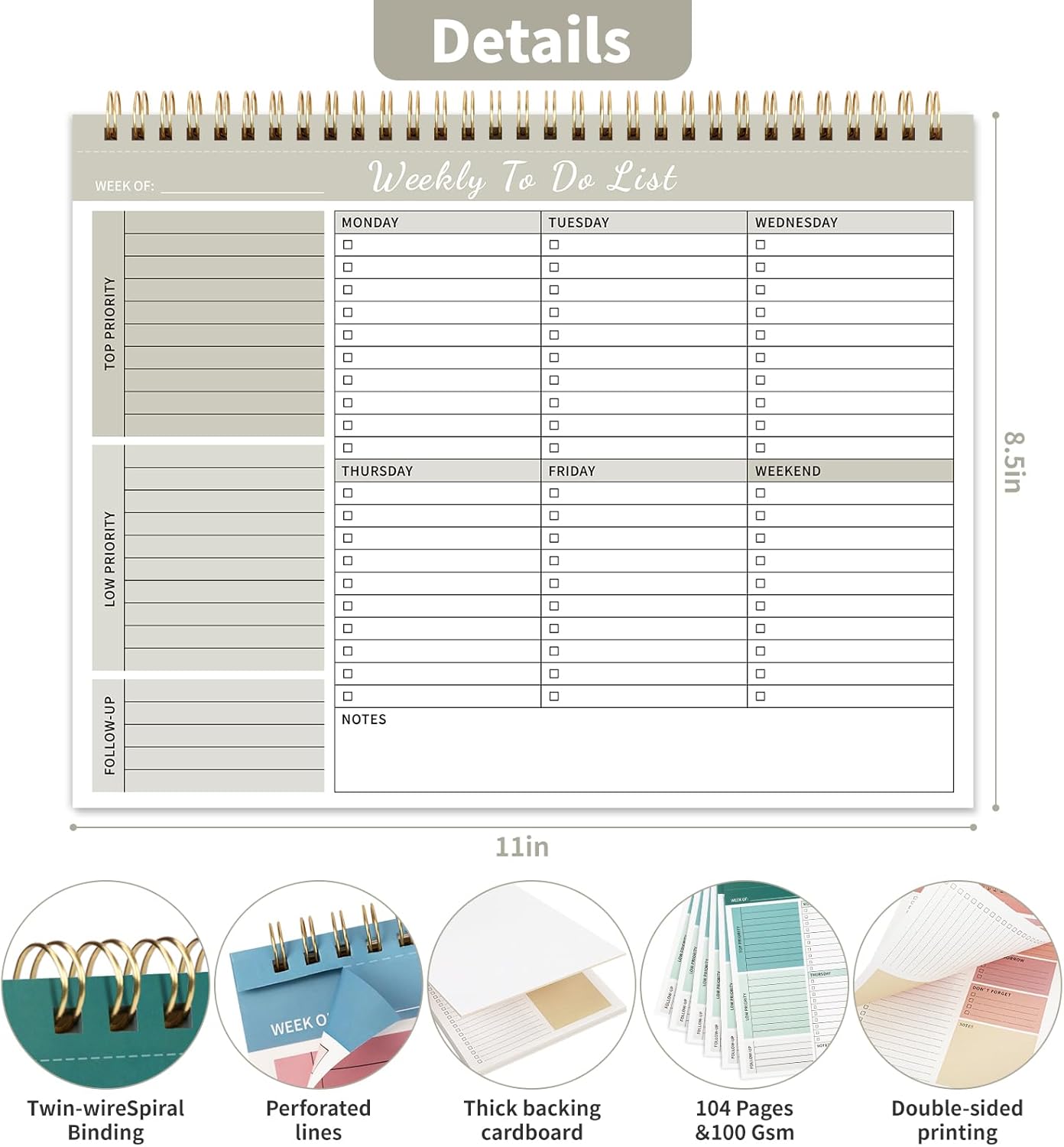104 Pgs Weekly To Do List Notepad, 52 Duplex-Printed Undated Sheets 100 GSM（8.5"×11") Weekly Desk Planner For Work Home School Office Desk Accessories Supplies & Goal Setting Tasks - Green