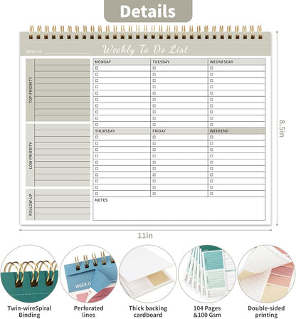104 Pgs Weekly To Do List Notepad, 52 Duplex-Printed Undated Sheets 100 GSM（8.5"×11") Weekly Desk Planner For Work Home School Office Desk Accessories Supplies & Goal Setting Tasks - Green