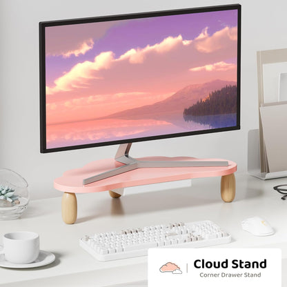 AFOOYO Monitor Stand Riser,Cloud-Shaped Sturdy Wood 16.5In Computer Monitor Riser Wirh Drawer, Multi-Purpose Desktop Organizer Riser for Computer,Laptop,Printer,TV,White