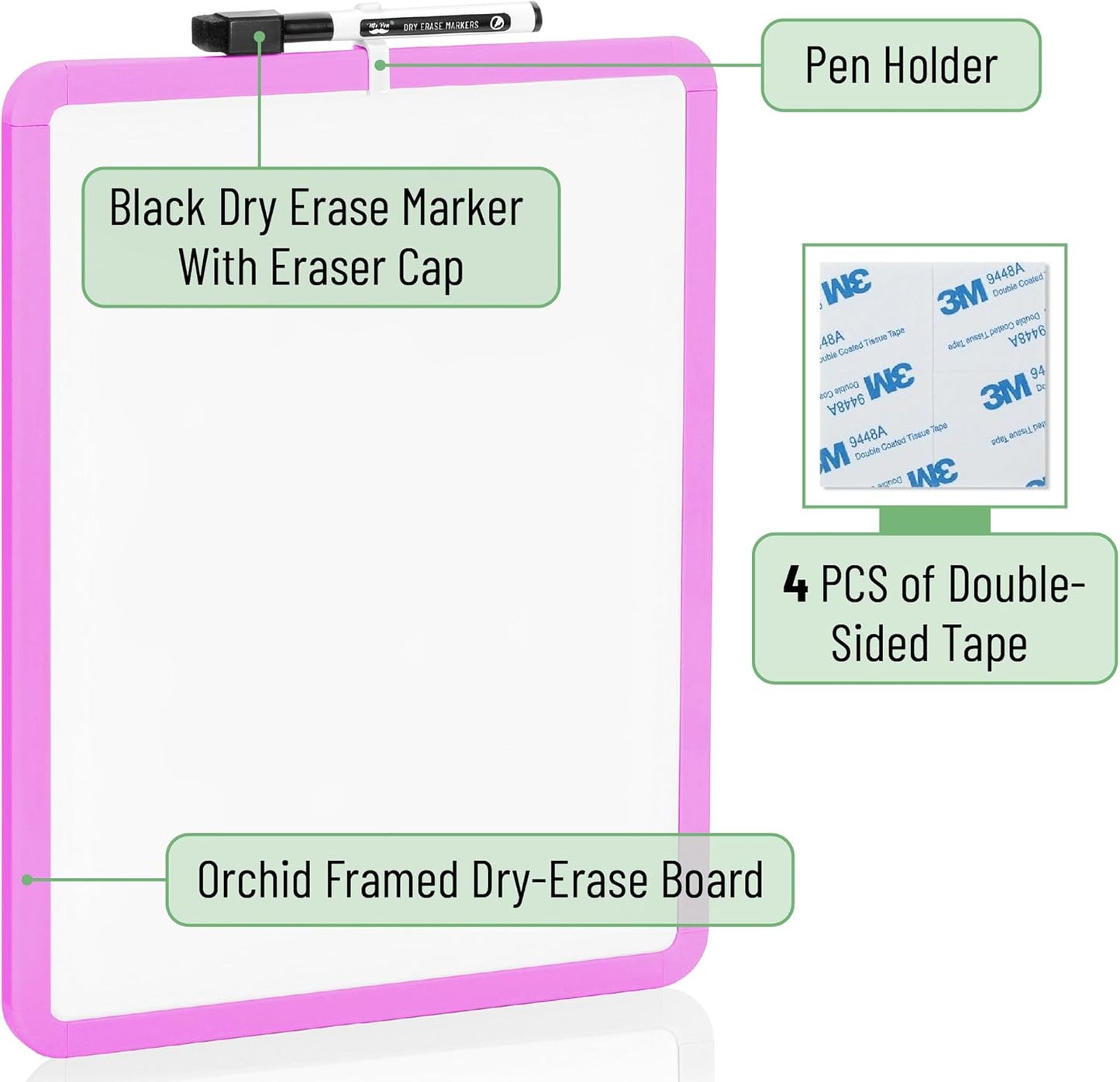 Mr. Pen- Dry Erase Board, 14” x 11” with a Black Dry Erase Marker, White Frame, Small Mini White Board for Students, Fridge, Wall, Locker, Includes Double Sided Tapes