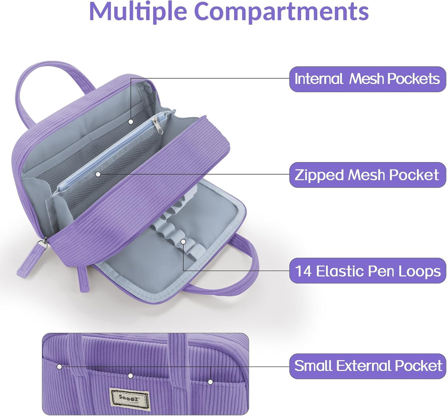 Sooez Large Pencil Case Pouch, Extra Big Pencil Bag with 5 Compartments, Pen Bag Wide Opening, Soft Corduroy Pencil Pouch Organizer with Zipper, Cute Aesthetic School Supplies for Teen Girls-Purple