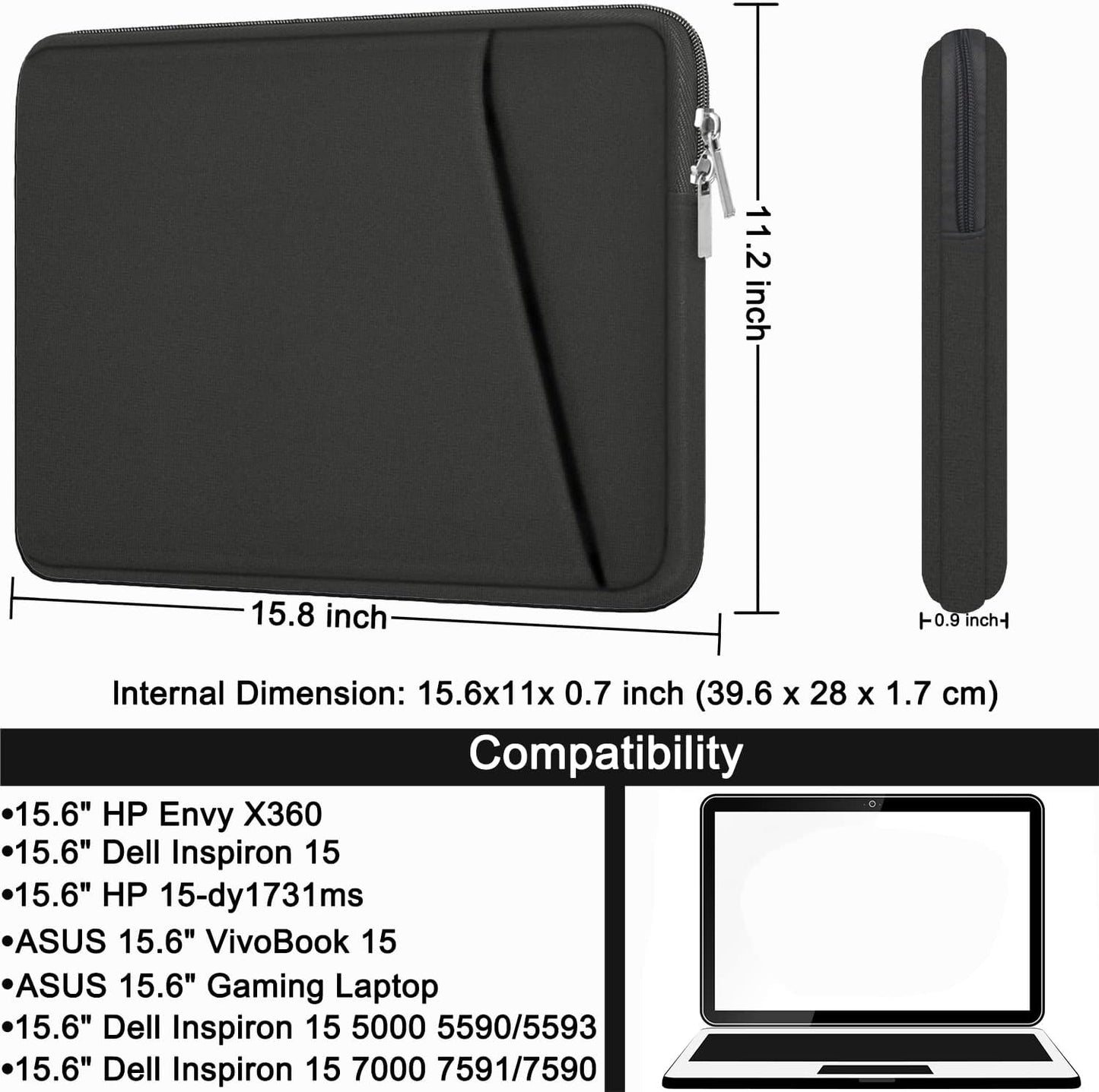 Laptop Sleeve, Durable Briefcase Shockproof Protective Case, Handbags Portable Laptop Bag for 15.6 inch HP Dell Asus Lenovo Notebook Computer with Front Pocket, Black
