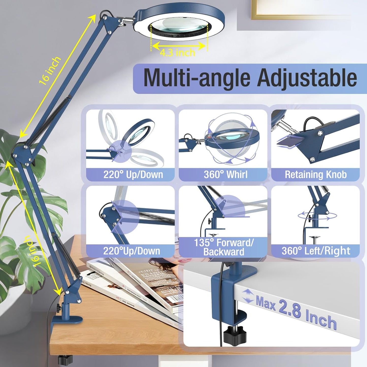 Coyeth 10X Magnifying Glass with Light and Clamp, Real Glass Stand Lighted Magnifier, 5 Color Modes Stepless Dimmable LED Desk Lamp Hands Free for Crafts Hobby Reading Painting Sewing Close Work