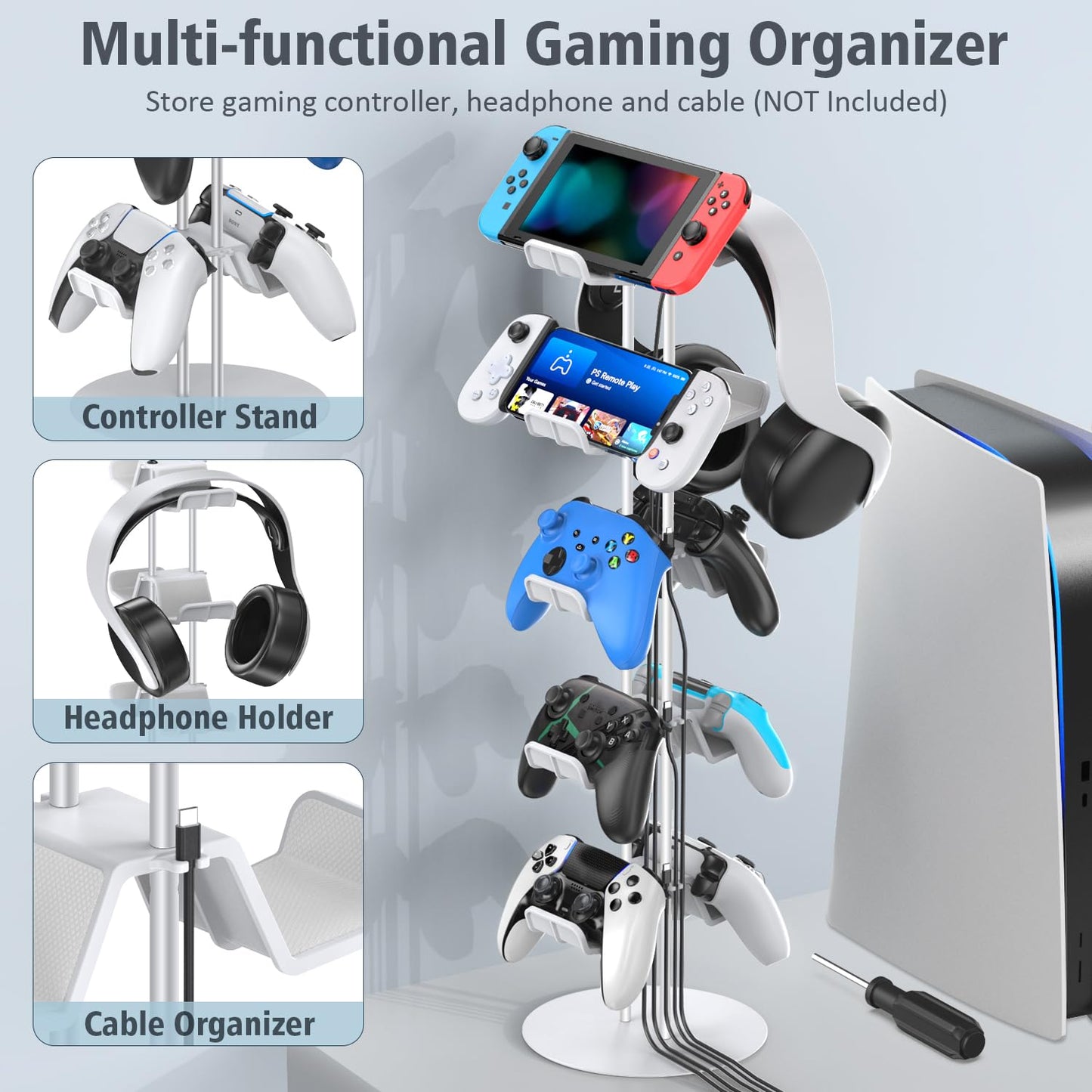 Kytok Controller Stand 4 Tiers with Cable Organizer for Desk, Universal Headphone Stand Compatible with Xbox PS5 PS4 Console Nintendo Switch, Headset Holder & Desk Mounts for 8 Packs Controller
