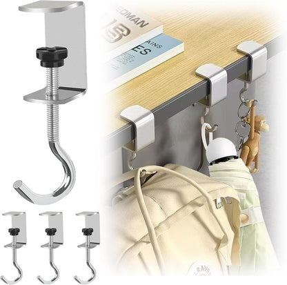 4 PCS Adjustable Under Desk Hook, Heavy Duty Metal Bag Holder with Silicone Pads for Desk, Table, Shelf. Perfect Purse Hanger, School Bag Hook for Organization in Home, Office, Kitchen