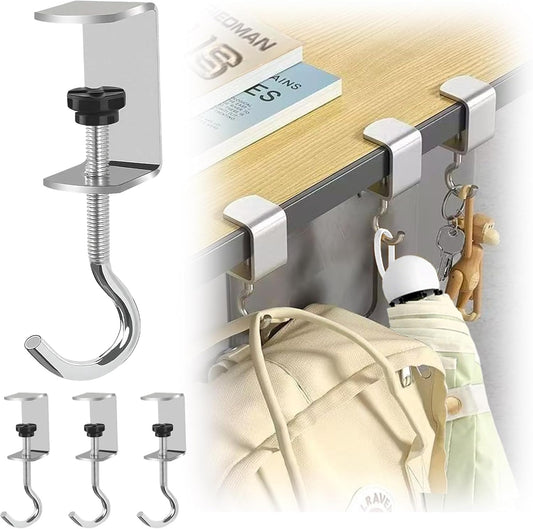 4 PCS Adjustable Under Desk Hook, Heavy Duty Metal Bag Holder with Silicone Pads for Desk, Table, Shelf. Perfect Purse Hanger, School Bag Hook for Organization in Home, Office, Kitchen