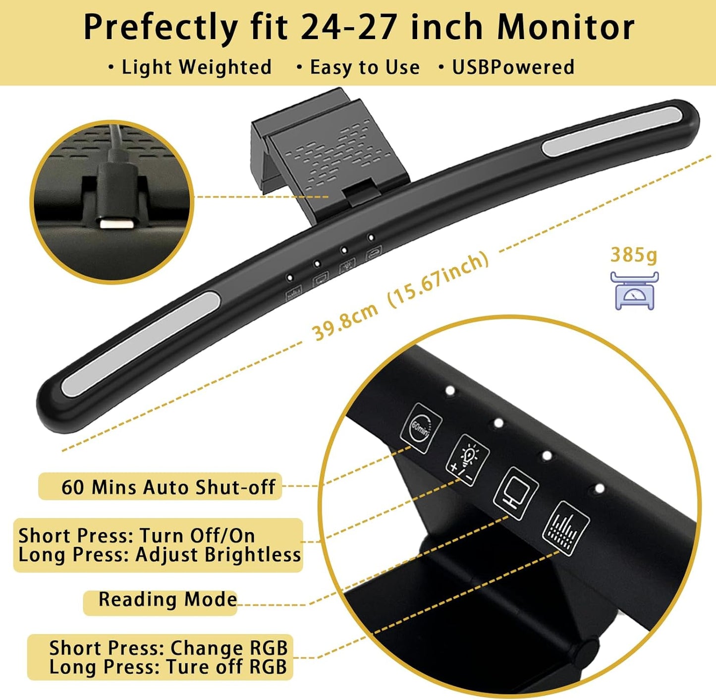 Curved Monitor Light Bar for 24-27 Inch Curved Screens Light Bar with 7 RGB, Stepless Dimming 3 Color Temperatures USB Powered Gaming Computer Light