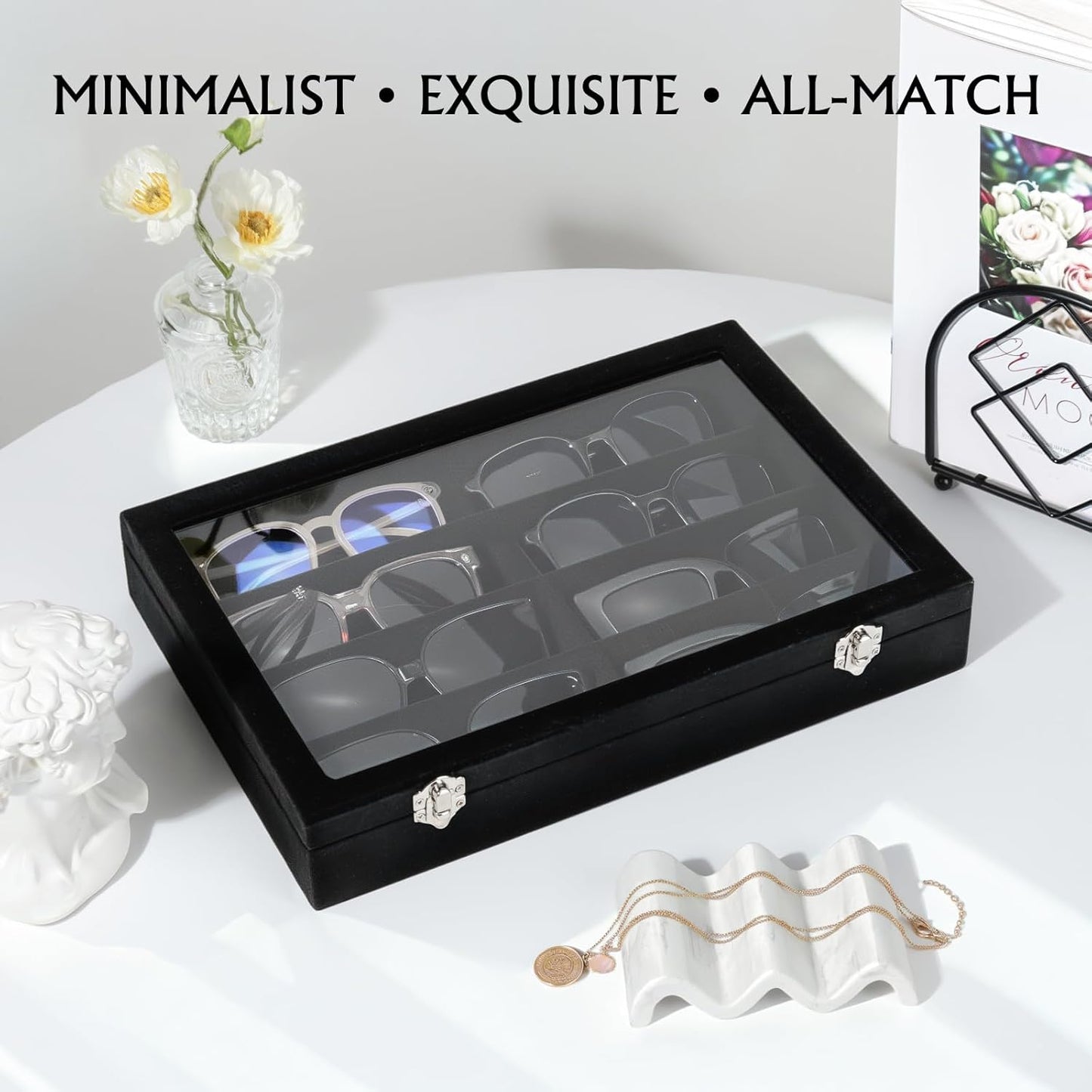 Emibele Glasses Organizer Jewelry Tray, 8 Grids with Clear Lid Velvet Tray Watch Storage Stackable Jewelry Showcase Display Storage with Detachable Inner Dividers, Beige
