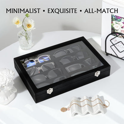 Emibele Glasses Organizer Jewelry Tray, 8 Grids with Clear Lid Velvet Tray Watch Storage Stackable Jewelry Showcase Display Storage with Detachable Inner Dividers, Beige