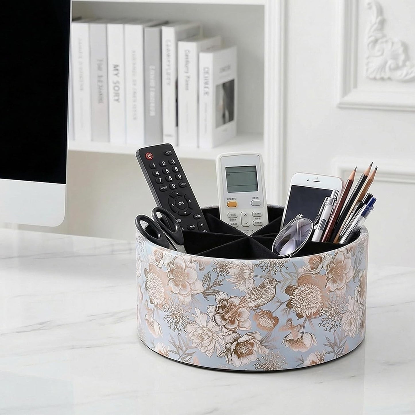 Round Leather Art Supply Organizer,Remote Control Holder,360 Degree Rotating,Multi-Functional Pencil Holder,4 Compartments Desktop Stationary Organizer(1-Fractal Flower) | Round - Colors B