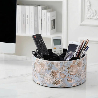 Round Leather Art Supply Organizer,Remote Control Holder,360 Degree Rotating,Multi-Functional Pencil Holder,4 Compartments Desktop Stationary Organizer(1-Fractal Flower) | Round - Colors B