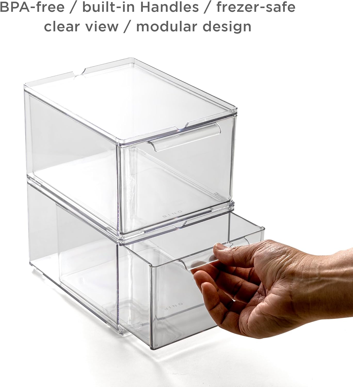 BINO | Clear Stackable Storage Drawers, Small - 3 Pack | Clear Storage Drawers with Built-In Handles | Durable Plastic Organizer Drawer | Modular Stackable Drawer Acrylic Organizer