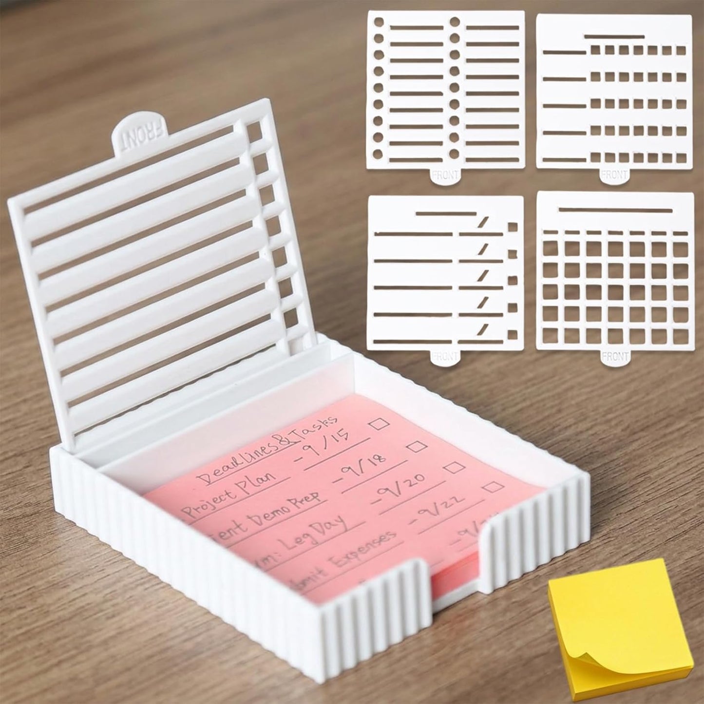 [Upgraded 5-in-1] Sticky Note Stencil and Holder Compatible with 3x3 Post-It Notes, Sticky Note Holder with 5 Templates for Making to-Do List, Checklist, Weekly Plan, Monthly Plan, Deadline