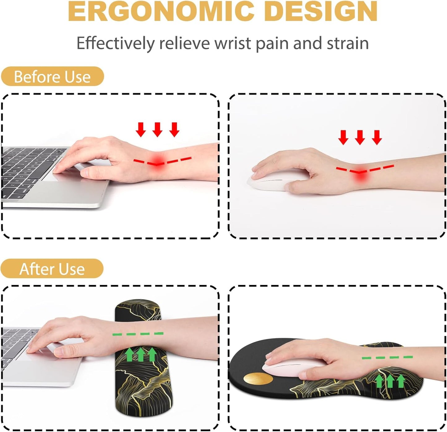 Ergonomic Mouse Pad with Wrist Rest and Keyboard Wrist Rest, Gel Mousepad and Wrist Rest for Computer Keyboard, Pain Relief, Non-Slip PU Base, Mouse Pad with Wrist Support for Gaming, Office, Brown