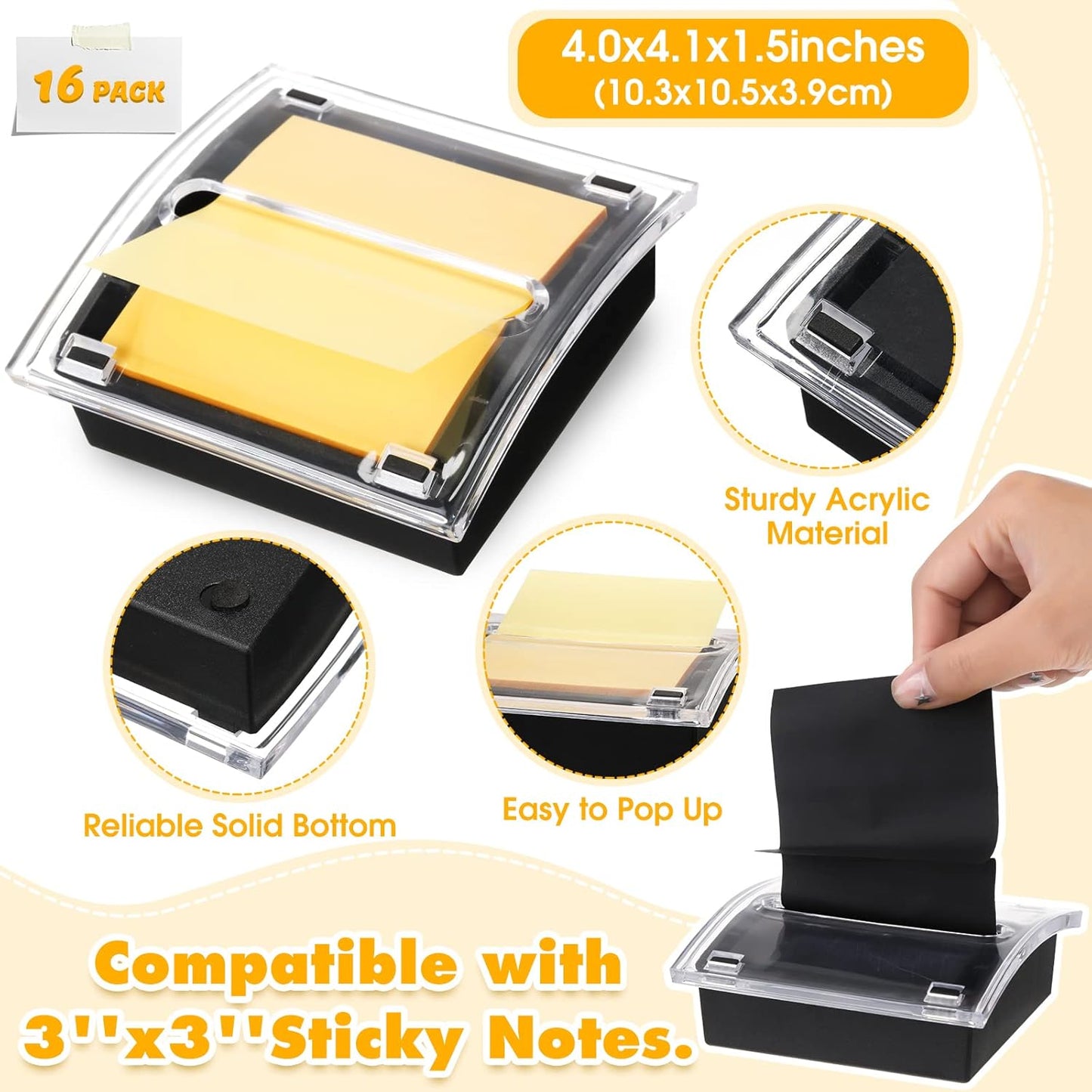 4 Pcs Pop up Sticky Notes Dispenser Sticky Note Holder Black Base Clear Top for 3 x 3 Inches Pad Holder for Acrylic Memo Organizer Fits Reminder School Office Home Store