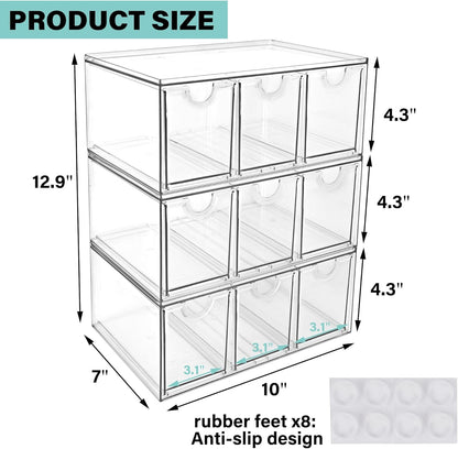 Prsildan Acrylic Drawer Makeup Organizer with 6 Drawers (Not for Baby Bottle), Set of 2 Office Desk Organizers Accessories, Clear Stackable Storage Drawers for Vanity, Craft (Largest Drawer 4" Tall)