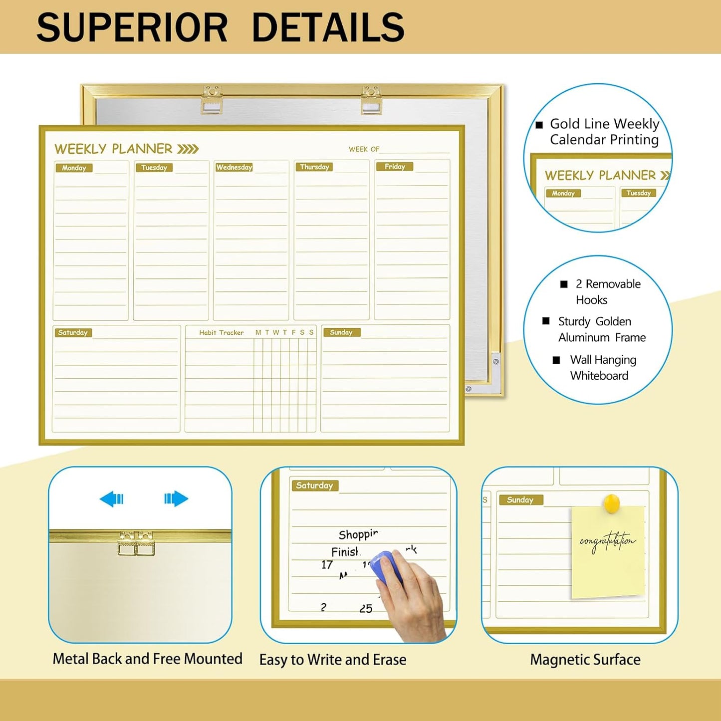 Gold Weekly Dry Erase Board for Wall,12"x16",Small Magnetic Dry Erase Weekly Calendar Board,Gold Metal Frame Weekly Planner Whiteboard for to Do List, Memo, School, Home, Office, Kitchen-GZ