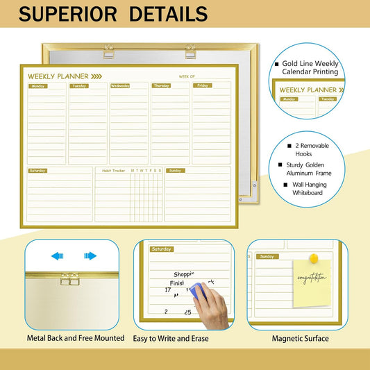 Gold Weekly Dry Erase Board for Wall,12"x16",Small Magnetic Dry Erase Weekly Calendar Board,Gold Metal Frame Weekly Planner Whiteboard for to Do List, Memo, School, Home, Office, Kitchen-GZ