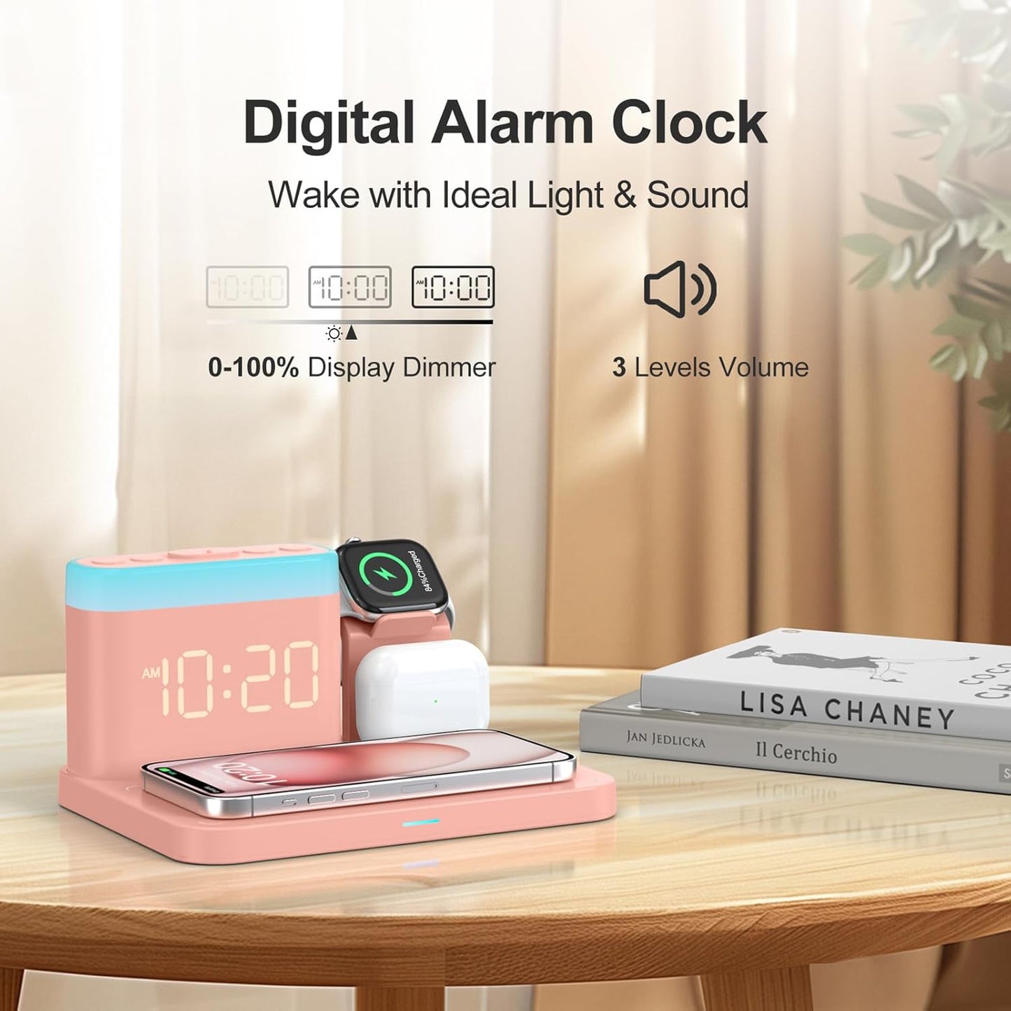 ANJANK Wireless Charging Station,5 in 1 Multiple Charger Stand with Alarm Clock,7 Night Light,Magnetic Charging Dock for iPhone 17 16 15 14 13 12 Pro Max Plus,Apple Watch 11/10/9/8,for Airpods,Bedroom