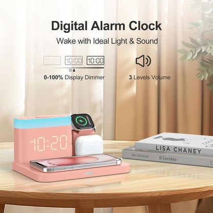 ANJANK Wireless Charging Station,5 in 1 Multiple Charger Stand with Alarm Clock,7 Night Light,Magnetic Charging Dock for iPhone 17 16 15 14 13 12 Pro Max Plus,Apple Watch 11/10/9/8,for Airpods,Bedroom