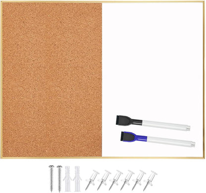 Okydoky Cork Board White Board Combo, Small Size 10.6" x 14.6" Magnetic Dry Erase Board/Bulletin Combination Board, Gold Aluminum Frame, for Home, Office, School(ZHBB-Gold-2737)