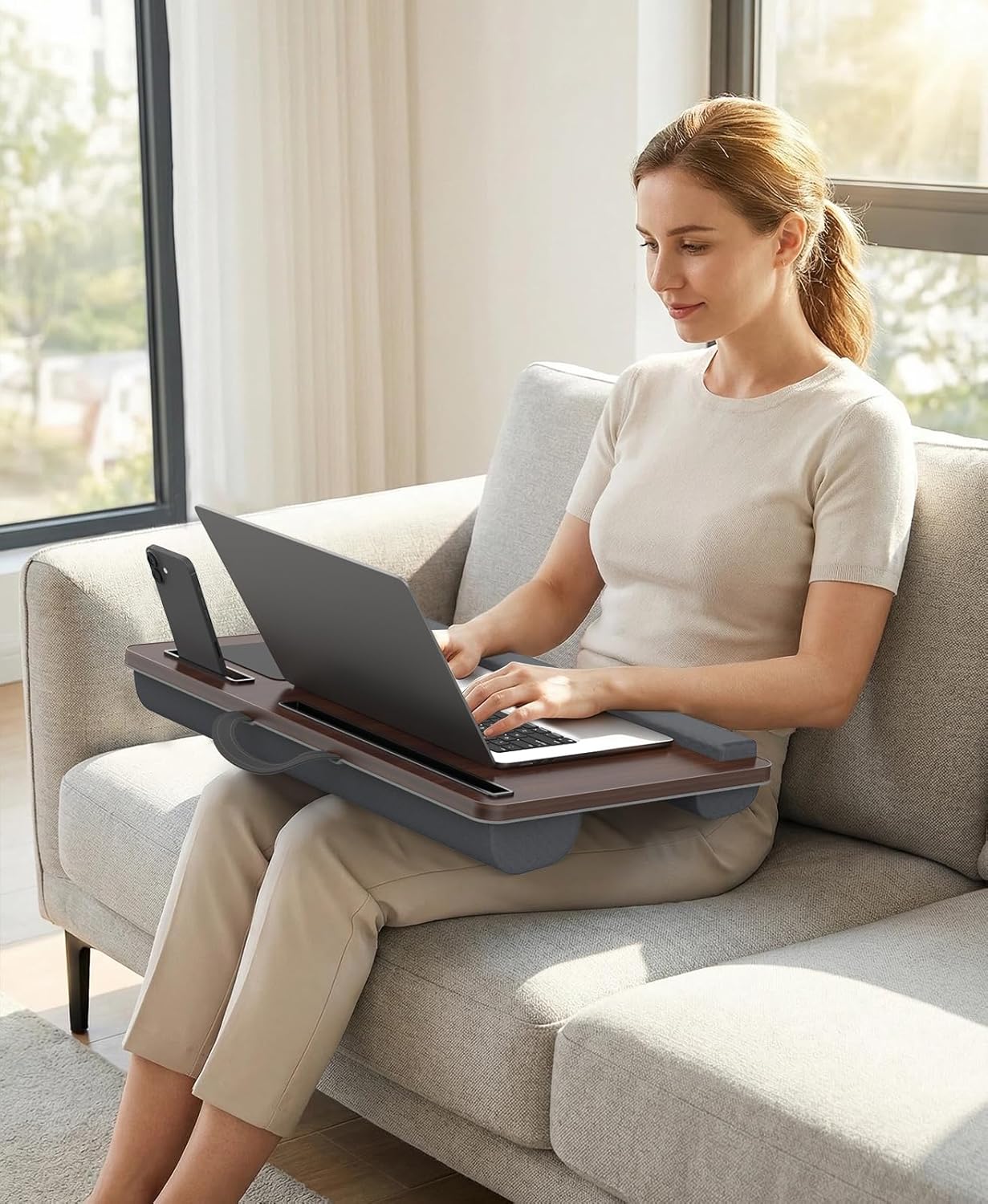 HETTHI Lap Desk with Cushion, Large Laptop Besk Bed, Up to 17" Laptop Tray for Bed with Wrist Rest, 2 Self-Adhesive Mouse Pads, Portable Handle, Tablet Phone Slot (Black)