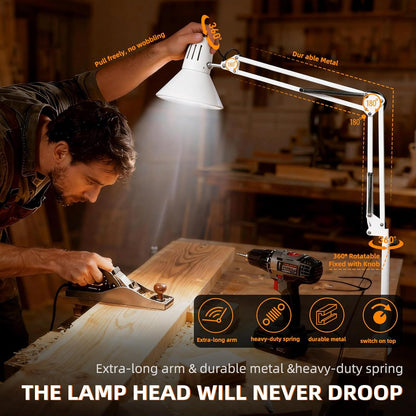 Desk Lamp With Clamp for Home Office, Eye-Caring Clip on Light with Adjustable Extra Tall Metal Swing Arm, High Intensity Clamp Lamp w/LED Bulb, Architect Task Table Lamps for Study, Workbench-B/5000k