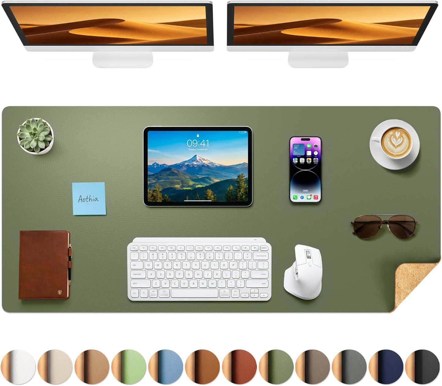 Aothia Dual-Sided Desk Pad - 25.6x13.7 inches Leather Desk Mat, Natural Cork Desk Pad Protector, Large Mouse Pad for Desk, Waterproof Desk Blotter Pad, Desk Writing Pad for Office Work/Home, Black