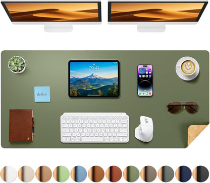 Aothia Dual-Sided Desk Pad - 25.6x13.7 inches Leather Desk Mat, Natural Cork Desk Pad Protector, Large Mouse Pad for Desk, Waterproof Desk Blotter Pad, Desk Writing Pad for Office Work/Home, Black