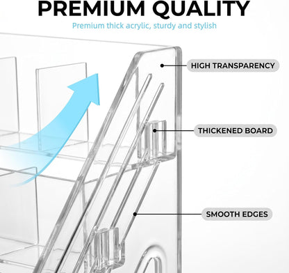 3-Tier Acrylic Desk Organizer, Multi-Slot Marker & Pen Storage Holder, Clear Vertical Desktop Stationery Rack for Small Art Supplies, Compact Office & Home Workspace Organizer