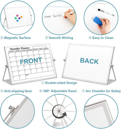 Magnetic Dry Erase White Board with Stand, 10" x 10" Double-Sided Desktop Whiteboard, Mini Portable Weekly Calendar Planner Board Set with 6 Markers, 4 Magnets, 1 Marker Holder & 1 Eraser