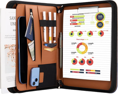 ProCase Portfolio Business Padfolio Folder with Zipper, Conference Meeting Executive File Legal Document Organizer with Pockets Letter Size A4 Writing Pad Notepad Padfolio -Black