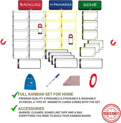 Home Kanban Board Set – 39-Piece Scrum & Agile Magnetic Cards Kit | Complete Kanban Board for Home, Office & School | Reusable Task, Detail, Blocker & Headline Cards for Project Planning