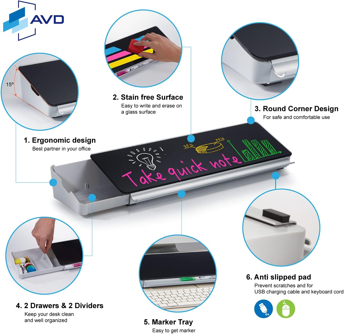 Audio-Visual Direct - Glass Desktop Computer Keyboard Whiteboard Notepad Set, Black (Includes Neon Marker, Eraser & Sticky Notes)
