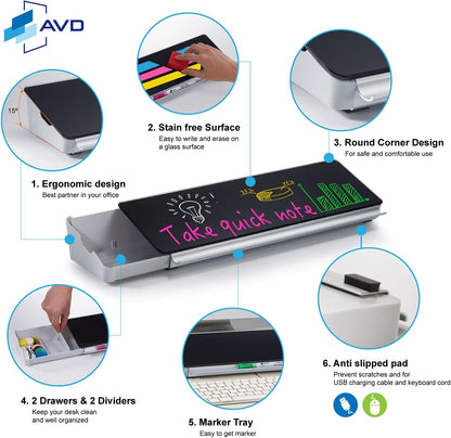 Audio-Visual Direct - Glass Desktop Computer Keyboard Whiteboard Notepad Set, Black (Includes Neon Marker, Eraser & Sticky Notes)