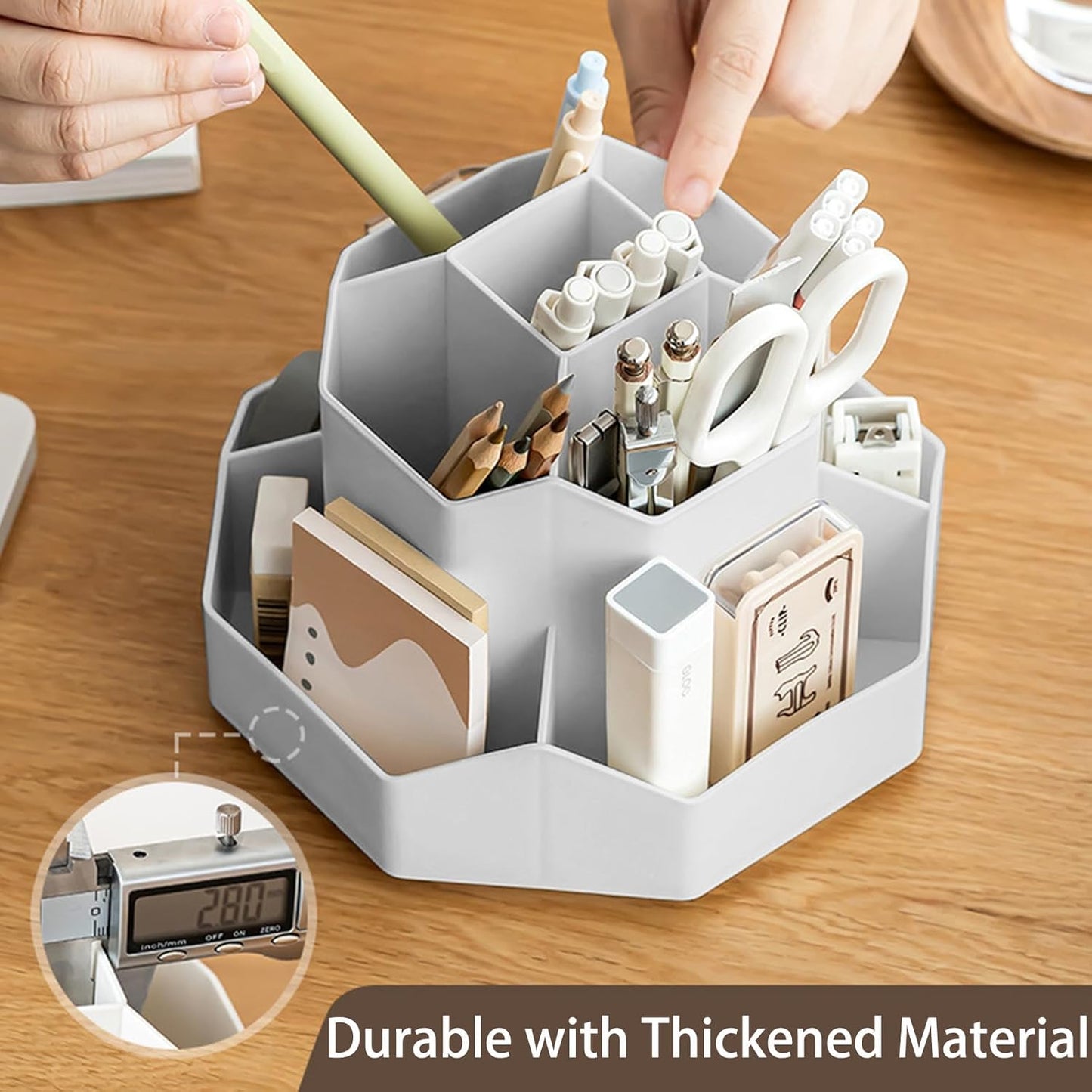 Rotating Desk Organizer, 360° Rotating Pencil Pen Holder for Desk, Desk Organizers and Accessories with 11 Slots Pencil Organizer, Art Supply Storage Box Caddy for Office (Beige)