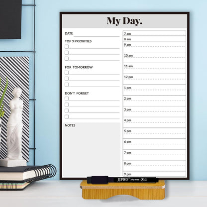 JJPRO Reusable Desktop Daily Planner with Stand,Reusable Time Schedule Board,11"x8.5" Hourly Schedule Dry Erase Board with Time Slots,Desk Hourly Dry Erase Board w/Engineered Wood Stand-Sage Green