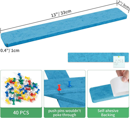 Cork Board for Walls - 8 Pack Felt Pin Board Bar Strips - Self-Adhesive Lightweight Bulletin Board - Cork Board for Office with 40 Push Pins No Damage for Wall